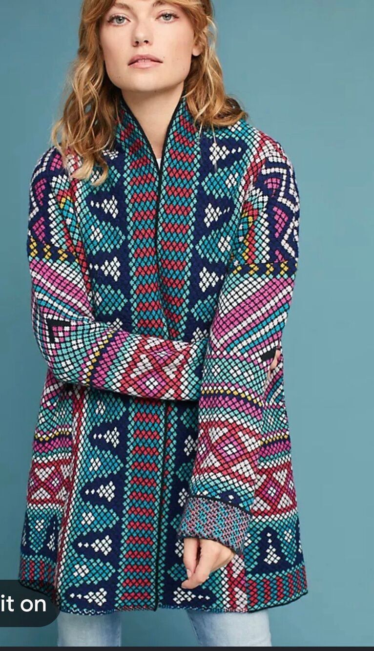 Anthropologie 8 Aldomartins Intarsia Kimono Sweater wool alpaca Jacket geometric